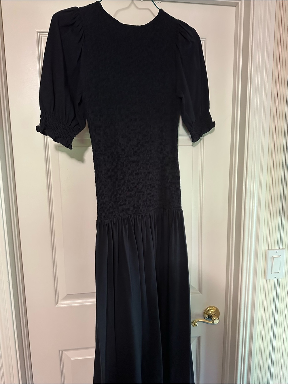 ME+EM Black Smocked Midi Dress with Puff Sleeves